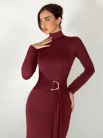 فستان Aloruh نسائي طويل، Slim Fit بياقة عالية وخصر محدد للخريف والشتاء
