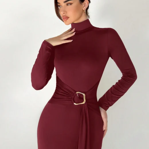 فستان Aloruh نسائي طويل، Slim Fit بياقة عالية وخصر محدد للخريف والشتاء