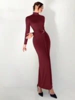 ⁦فستان Aloruh نسائي طويل، Slim Fit بياقة عالية وخصر محدد للخريف والشتاء، مناسب كإطلالة يومية أنيقة أو للمناسبات الخاصة⁩ - الصورة ⁦4⁩