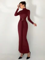⁦فستان Aloruh نسائي طويل، Slim Fit بياقة عالية وخصر محدد للخريف والشتاء، مناسب كإطلالة يومية أنيقة أو للمناسبات الخاصة⁩ - الصورة ⁦3⁩