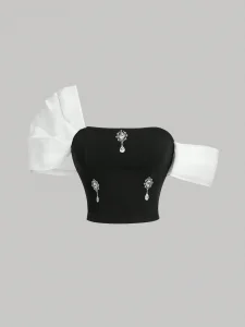 توب نسائي أنيق بكتف غير متماثل مزين بالكريستال، مناسب لمناسبات متعددة مثل الحفلات، رأس السنة والعطلات 1 1730178886f306d0c6058fdebd6b000d6304c1bd35