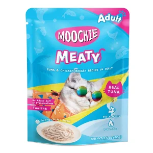 Moochie MEATY Tuna & Chicken Breast Recipe in Jelly for Adult Cats- 70 gms، طعام قطط بالغ رطب من موشي، تونة وصدر دجاج في جيلي 70 جم 1 200018 1