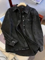 شيميز نسائي أسود كلاسيكي واسع، شيميز كاجوال بأكمام طويلة وأزرار