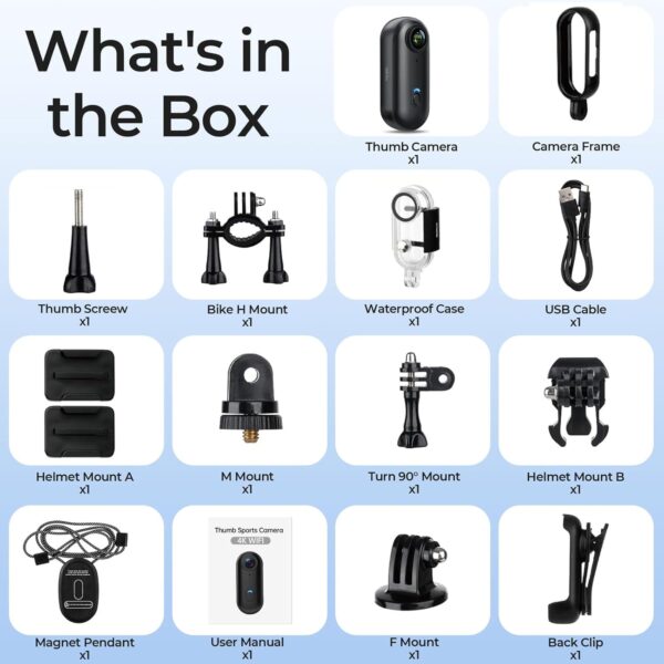 Key Features: 4K Ultra HD Video: Records in 4K, 2K, and 1080p with clear and sharp image quality. 1080p recording: up to 150 minutes 2K recording: up to 120 minutes 4K recording: up to 90 minutes Compact & Lightweight: Ultra-portable design weighing only 35.7 grams, easy to carry or mount anywhere. Waterproof Protection: IPX7 rating – splash-proof and safe against accidental submersion up to 1 meter for 30 minutes. Includes a waterproof housing for underwater recording up to 40 meters (131 feet). Hands-Free POV Recording: Comes with multiple mounts and accessories for helmets, bikes, or clothing, perfect for sports and action shots. Battery & Power: 800 mAh rechargeable lithium battery. Supports recording while charging for longer sessions. Storage: Comes with a 32GB memory card, ready to record straight out of the box. Mounting Options: Magnetic accessories, clips, and lanyards to easily attach to helmets, handlebars, or clothing.