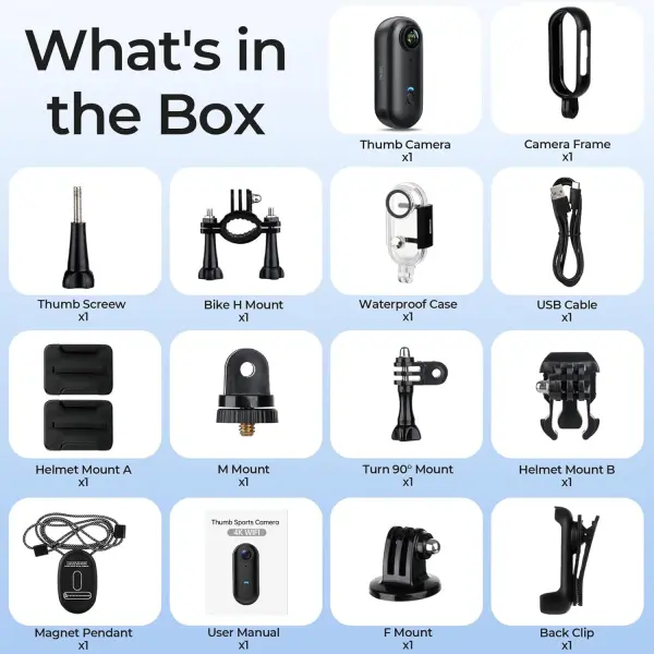 Key Features: 4K Ultra HD Video: Records in 4K, 2K, and 1080p with clear and sharp image quality. 1080p recording: up to 150 minutes 2K recording: up to 120 minutes 4K recording: up to 90 minutes Compact & Lightweight: Ultra-portable design weighing only 35.7 grams, easy to carry or mount anywhere. Waterproof Protection: IPX7 rating – splash-proof and safe against accidental submersion up to 1 meter for 30 minutes. Includes a waterproof housing for underwater recording up to 40 meters (131 feet). Hands-Free POV Recording: Comes with multiple mounts and accessories for helmets, bikes, or clothing, perfect for sports and action shots. Battery & Power: 800 mAh rechargeable lithium battery. Supports recording while charging for longer sessions. Storage: Comes with a 32GB memory card, ready to record straight out of the box. Mounting Options: Magnetic accessories, clips, and lanyards to easily attach to helmets, handlebars, or clothing.