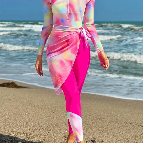 طقم سباحة نسائي 3 قطع كامل، وردي وفوشيا بتصميم مريح