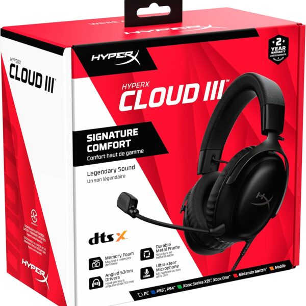 HyperX Cloud III – Wired Gaming Headset, PC, PS5, Xbox Series X|S, Angled 53mm Drivers, DTS, Memory Foam, Durable Frame, Ultra-Clear 10mm Mic, USB-C, USB-A, 3.5mm – Black