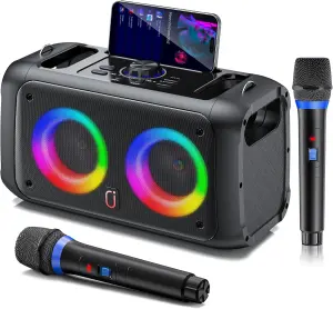 JYX Karaoke Machine with 2 Wireless Microphones,Portable Bluetooth Speaker for Adults & Kids,PA System Singing Karaoke Speaker with LED Lights,Supports TF Card/USB, AUX in,TWS for Party 1 ♪ 【Versatile Karaoke Entertainment System】: This karaoke system connects with Bluetooth 5.0 for stable, long-range audio streaming, making it perfect for birthdays parties and home gatherings. It supports various media inputs, including Micro TF cards, USB drives, and AUX. The groove design on the karaoke machine allows you to place your phone. Its versatility makes it an excellent choice for home entertainment,and educational uses.♪ 【Exceptional Sound Quality】: Experience exceptional audio with our Portable Bluetooth karaoke singing machine, featuring a 6.5-inch speaker and advanced bass technology for clear, sound and balanced volume. Ideal for all gatherings, ensuring high-quality, distortion-free music and vocal performances. Perfect for indoor and outdoor use, it transforms any event into a memorable concert experience, making it the ultimate entertainment choice for music lovers. ♪ 【Lightweight and easy to use】:Set up and start singing in minutes! A user-friendly interface make this portable bluetooth karaoke machine perfect for all ages. Its compact, portable size means you can easily take it anywhere. Powered by a high-capacity 3.7V/5200mAh rechargeable lithium-ion battery, it's energy-efficient, offering 6-8 hours of continuous music playback on a full charge and up to 10 hours of normal use. ♪ 【TWS Mode】Experience immersive sound with our cutting-edge karaoke machine, featuring advanced TWS (True Wireless Stereo) technology. Connect two bluetooth singing speakers to create a powerful stereo system, enveloping you in rich, synchronized sound, promising an unparalleled music experience. Plus, with our commitment to satisfaction, enjoy a worry-free purchase with a one-year warranty and dedicated customer support for any inquiries or issues. ♪ 【Dynamic LED Lights】The karaoke speaker, with its six vibrant color disco light modes, turns any space into an enthralling concert venue. Ideal for family gatherings or outdoor parties, the LED lights sync with the music's rhythm, crafting a captivating visual experience.The perfect gift for all ages, its portable design, easy-to-use features and brilliant LED lights make it suitable for both children and adults.