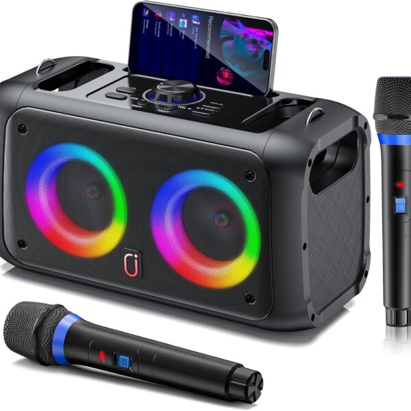 ♪ 【Versatile Karaoke Entertainment System】: This karaoke system connects with Bluetooth 5.0 for stable, long-range audio streaming, making it perfect for birthdays parties and home gatherings. It supports various media inputs, including Micro TF cards, USB drives, and AUX. The groove design on the karaoke machine allows you to place your phone. Its versatility makes it an excellent choice for home entertainment,and educational uses. ♪ 【Exceptional Sound Quality】: Experience exceptional audio with our Portable Bluetooth karaoke singing machine, featuring a 6.5-inch speaker and advanced bass technology for clear, sound and balanced volume. Ideal for all gatherings, ensuring high-quality, distortion-free music and vocal performances. Perfect for indoor and outdoor use, it transforms any event into a memorable concert experience, making it the ultimate entertainment choice for music lovers. ♪ 【Lightweight and easy to use】:Set up and start singing in minutes! A user-friendly interface make this portable bluetooth karaoke machine perfect for all ages. Its compact, portable size means you can easily take it anywhere. Powered by a high-capacity 3.7V/5200mAh rechargeable lithium-ion battery, it's energy-efficient, offering 6-8 hours of continuous music playback on a full charge and up to 10 hours of normal use. ♪ 【TWS Mode】Experience immersive sound with our cutting-edge karaoke machine, featuring advanced TWS (True Wireless Stereo) technology. Connect two bluetooth singing speakers to create a powerful stereo system, enveloping you in rich, synchronized sound, promising an unparalleled music experience. Plus, with our commitment to satisfaction, enjoy a worry-free purchase with a one-year warranty and dedicated customer support for any inquiries or issues. ♪ 【Dynamic LED Lights】The karaoke speaker, with its six vibrant color disco light modes, turns any space into an enthralling concert venue. Ideal for family gatherings or outdoor parties, the LED lights sync with the music's rhythm, crafting a captivating visual experience.The perfect gift for all ages, its portable design, easy-to-use features and brilliant LED lights make it suitable for both children and adults.