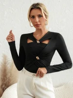 توب نسائي، بلوزة أنيقة، ياقة V، أكمام طويلة، قماش مطاطي، ملابس نسائية عصرية، موضة، قمصان نسائية