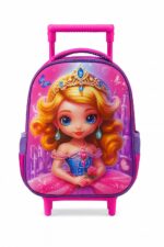 شنطة مدرسية بعجلات للبنات بتصميم أميرة كرتونية، ألوان وردي وبنفسجي زاهية