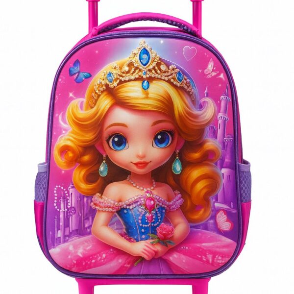 شنطة مدرسية بعجلات للبنات بتصميم أميرة كرتونية، ألوان وردي وبنفسجي زاهية