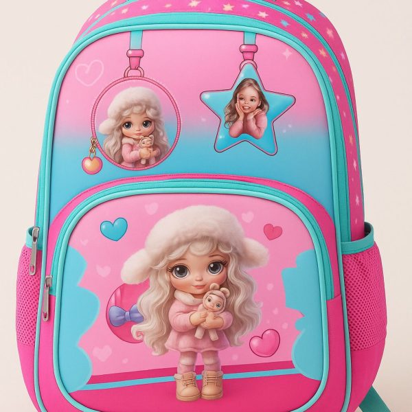 شنطة مدرسية للبنات برسمة دمية كرتونية لطيفة، سحاب واسع وجيوب شبكية