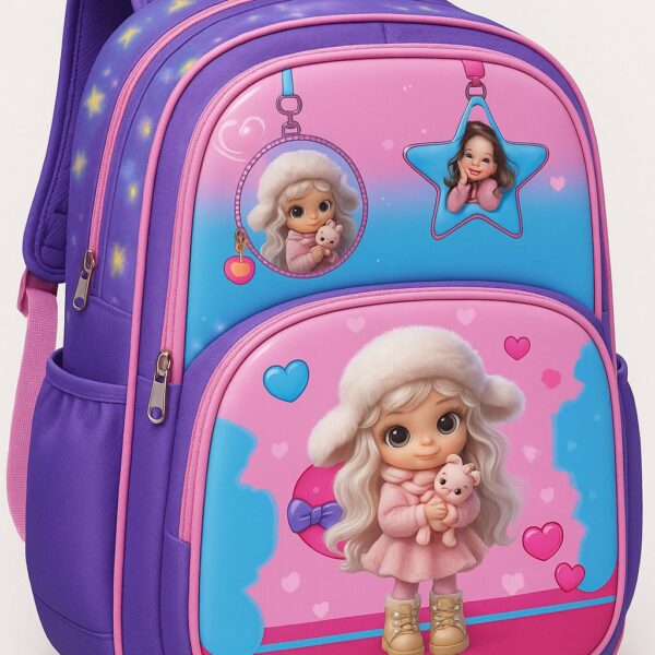 شنطة مدرسية، للبنات، شنطة مدرسية، دمية كرتونية، بينك، تركواز، طبعات قلوب ونجوم، سحاب واسع، جيوب جانبية، تخزين منظم، مدرسة