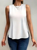 بلوزة نسائية كاجوال، بلوزة نسائية، صيفية، كاجوال، أبيض، بدون أكمام، ياقة دائرية، خامة خفيفة، إطلالات يومية، عصرية