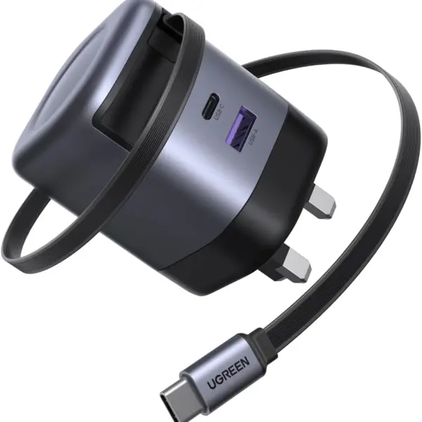 UGREEN 65W Type C Fast Charger with Retractable USB Cable, 3 Ports GaN Laptop Adapter, Compatible for MacBook Air, HP, Lenovo, Dell, iPad, HONOR Pad, iPhone 17/16/15/14 Pro Max, Samsung S25, S24, S23