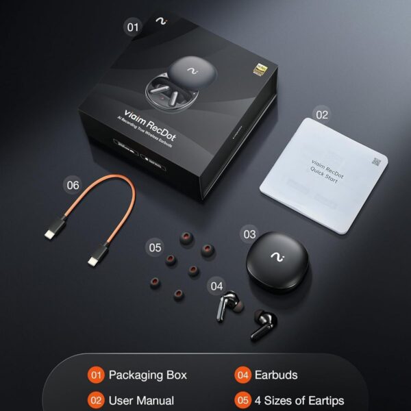 VIAIM RecDot AI Earbuds - AI Meeting Assistant with Real-Time Transcription & Translation (16 Languages), FlashRecord, 48dB ANC, To-Do Lists & Summaries - Black