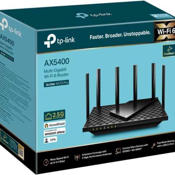 TP-Link AX5400 Mbps Multi-Gigabit Wi-Fi 6 Router, OneMesh™ /VPN Supported, USB 3.0 Port, 1 GHz Dual-Core CPU, TP-Link HomeShield, Ideal for Gaming Xbox/PS4/8K Steam, Plug and Play (Archer AX72 Pro)