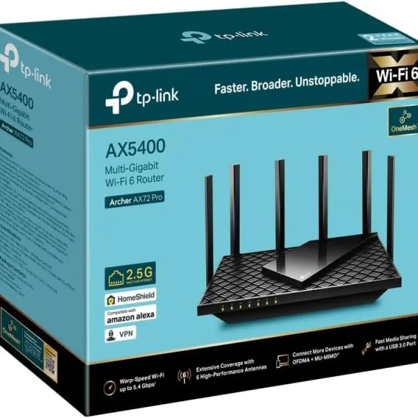 TP-Link AX5400 Mbps Multi-Gigabit Wi-Fi 6 Router, OneMesh™ /VPN Supported, USB 3.0 Port, 1 GHz Dual-Core CPU, TP-Link HomeShield, Ideal for Gaming Xbox/PS4/8K Steam, Plug and Play (Archer AX72 Pro)