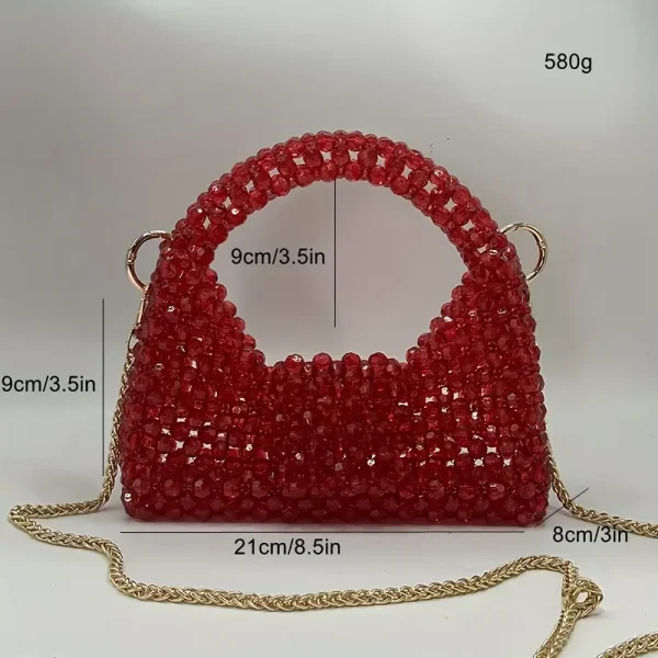 حقيبة كتف نسائية أنيقة بخرز وسلسلة - حقيبة يد صيفية بلاستيكية حمراء مع قطع غيار بلون ذهبي، إغلاق بطبقة وخرز زخرفي، إكسسوار أزياء | حقيبة بحزام سلسلة | حقيبة يدوية عصرية