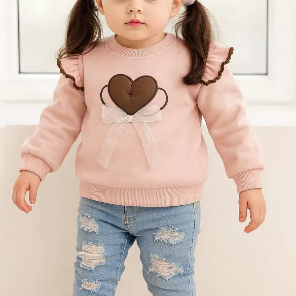 سويت شيرت بناتي وردي فاتح برسمة قلب وشريط زخرفي مع دنيم