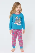 بيجامة بناتي قطنية بطبعة كسلان لطيفة، طقم نوم مريح بلون أزرق