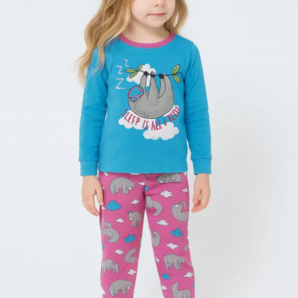 بيجامة بناتي قطنية بطبعة كسلان لطيفة، طقم نوم مريح بلون أزرق