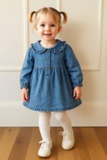 فستان بناتي جينز كاجوال بأزرار أمامية وياقة كشكشة