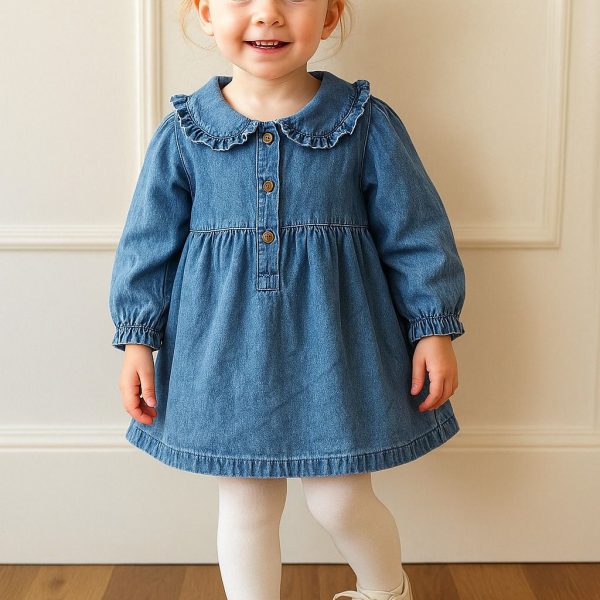 فستان بناتي جينز كاجوال بأزرار أمامية وياقة كشكشة