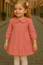 فستان كتان بناتي وردي غامق بياقة دائرية، تصميم كلاسيكي أنيق