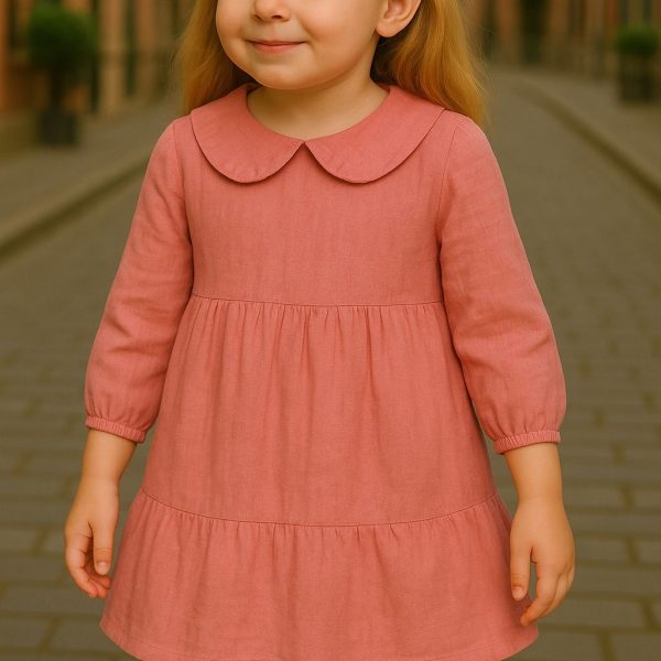 فستان كتان بناتي وردي غامق بياقة دائرية، تصميم كلاسيكي أنيق