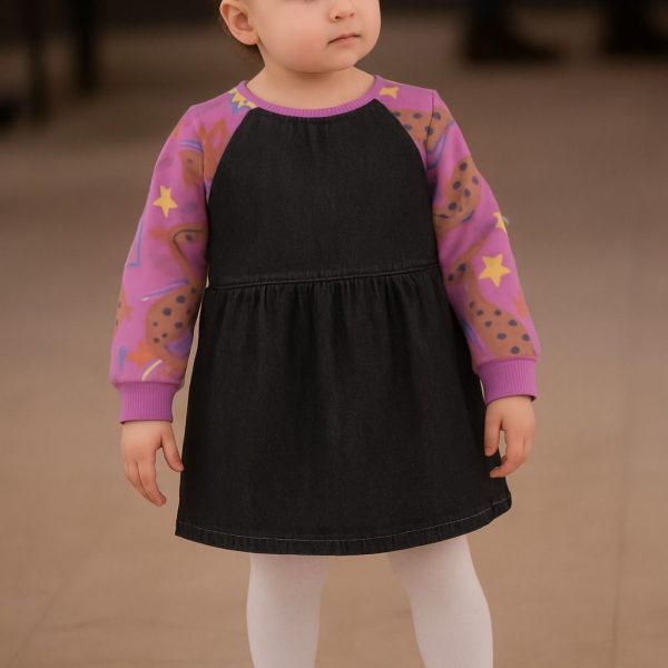 فستان بناتي من قطعتين متصلتين بتصميم جينز داكن