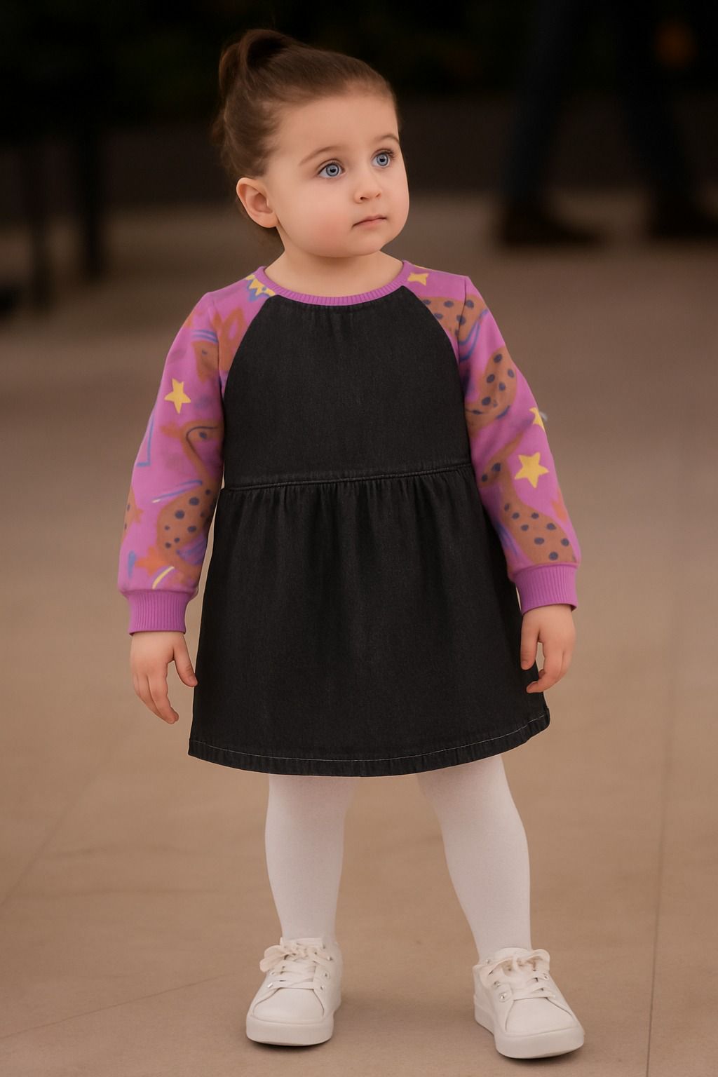 فستان بناتي من قطعتين متصلتين بتصميم جينز داكن وأكمام مطبوعة بنجوم وكوكيز، فستان كاجوال مريح وأنيق للأطفال فستان بناتي من قطعتين متصلتين بتصميم جينز داكن
