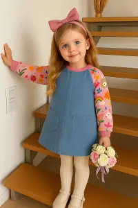 فستان بناتي من قطعتين متصلتين، تنورة جينز فاتح مع أكمام وردية مطبوعة برسومات كرتونية ملونة، فستان كاجوال أنيق ومريح للأطفال 1 WhatsApp Image 2025 10 18 at 7.12.19 PM