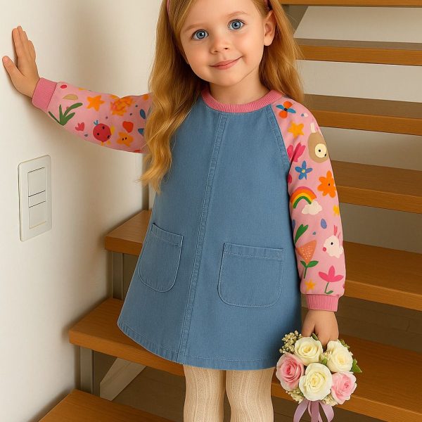 فستان بناتي من قطعتين متصلتين، تنورة جينز فاتح مع أكمام وردية مطبوعة برسومات كرتونية ملونة