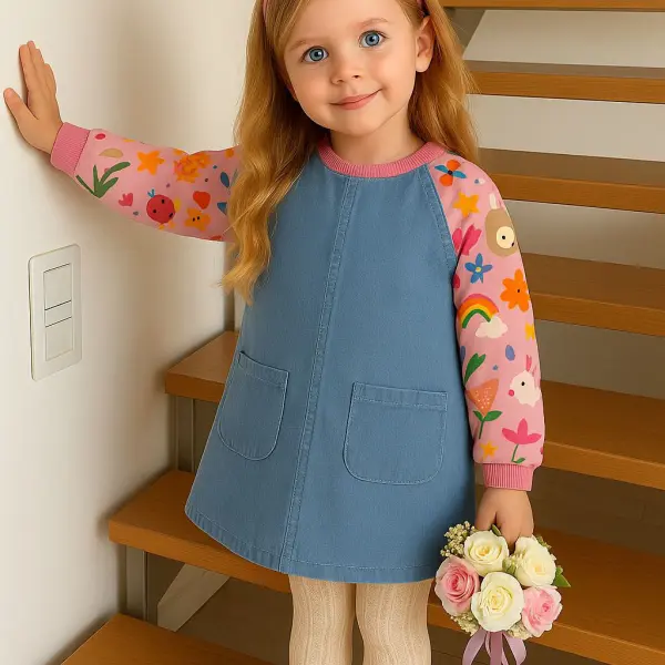 فستان بناتي من قطعتين متصلتين، تنورة جينز فاتح مع أكمام وردية مطبوعة برسومات كرتونية ملونة