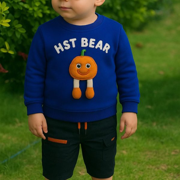 سويتشيرت أولادي كاجوال عصري أزرق وكحلي بنقشة ثلاثية الأبعاد "HST BEAR"، سويتشيرت أطفال أنيق