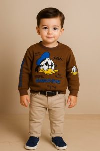 سويتشيرت أولادي كاجوال مطبوع Donald Duck، سويتشيرت بني قطن مريح، ملابس أطفال أولاد عصرية للخروجات والمدرسة 1 WhatsApp Image 2025 10 18 at 7.12.20 PM 2