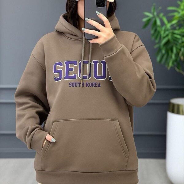 هودي أوفر سايز بني موكا مطبوع SEOUl SOUTH KOREA، تصميم شبابي بخامة قطنية شتوية مريحة