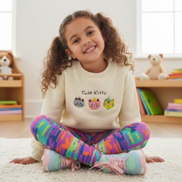 سويتشيرت بناتي عاجي مطبوع بعبارة Cute Kitty، تصميم طفولي ناعم وأنيق