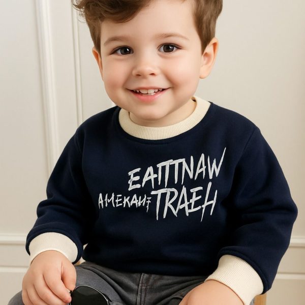 سويت شيرت أولادي كاجوال كحلي غامق مطبوع باللون الأبيض