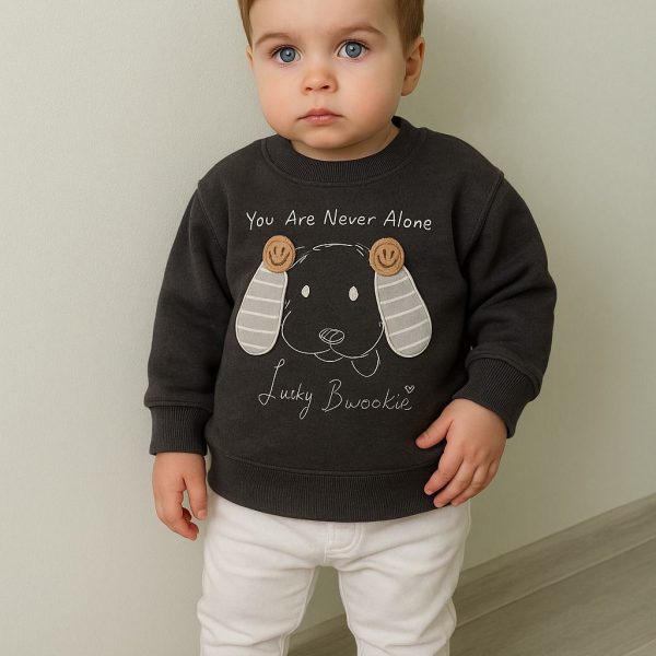 سويت شيرت رمادي غامق للأطفال بتصميم وجه كلب ثلاثي الأبعاد