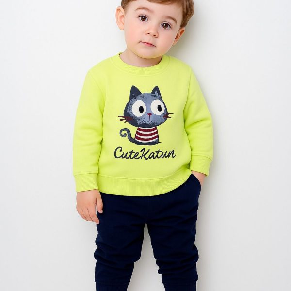 سويت شيرت أطفال أصفر فسفوري بطبعة قطة كرتونية