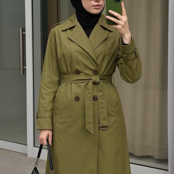 معطف نسائي ترنش طويل زيتي بحزام خصر، تصميم أنيق ودافئ