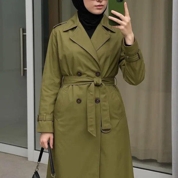معطف نسائي ترنش طويل زيتي بحزام خصر، تصميم أنيق ودافئ