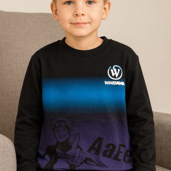 سويت شيرت أطفال أسود بتدرجات زرقاء وشخصية كرتونية