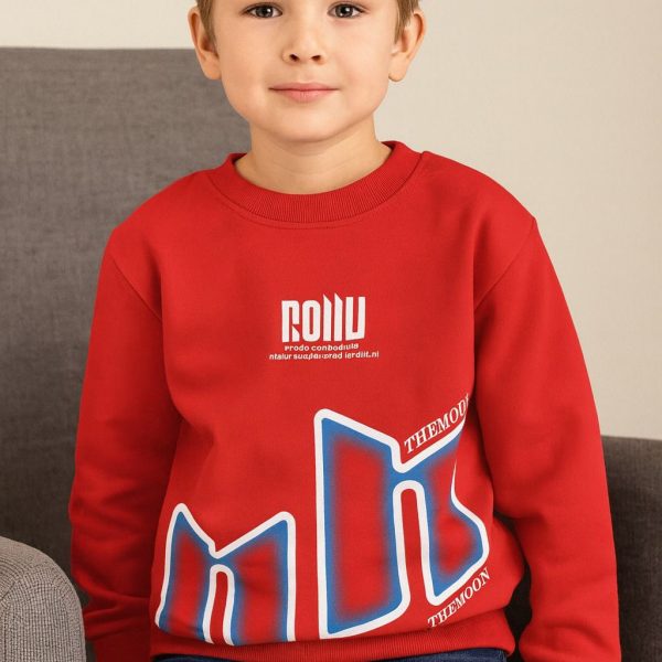 سويت شيرت أطفال أحمر بطبعة جرافيك، تصميم عصري مريح