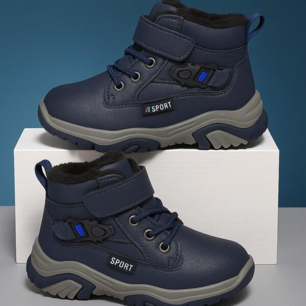 بوت شتوي كحلي للأطفال مقاوم للماء ودافئ، أحذية شتاء رياضية مريحة