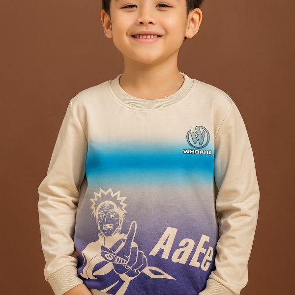 سويتشيرت أطفال بتدرج أزرق بطابع أنمي WHOAHA، تصميم عصري مريح وأنيق