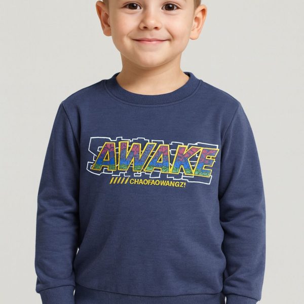 سويتشيرت أطفال أزرق كحلي بطبعة AWAKE، تصميم مريح شبابي عصري
